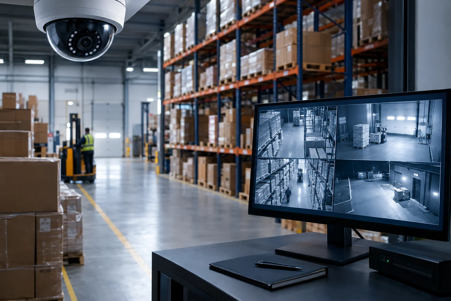 Kamera monitoringu zamontowana pod stropem hali magazynowej