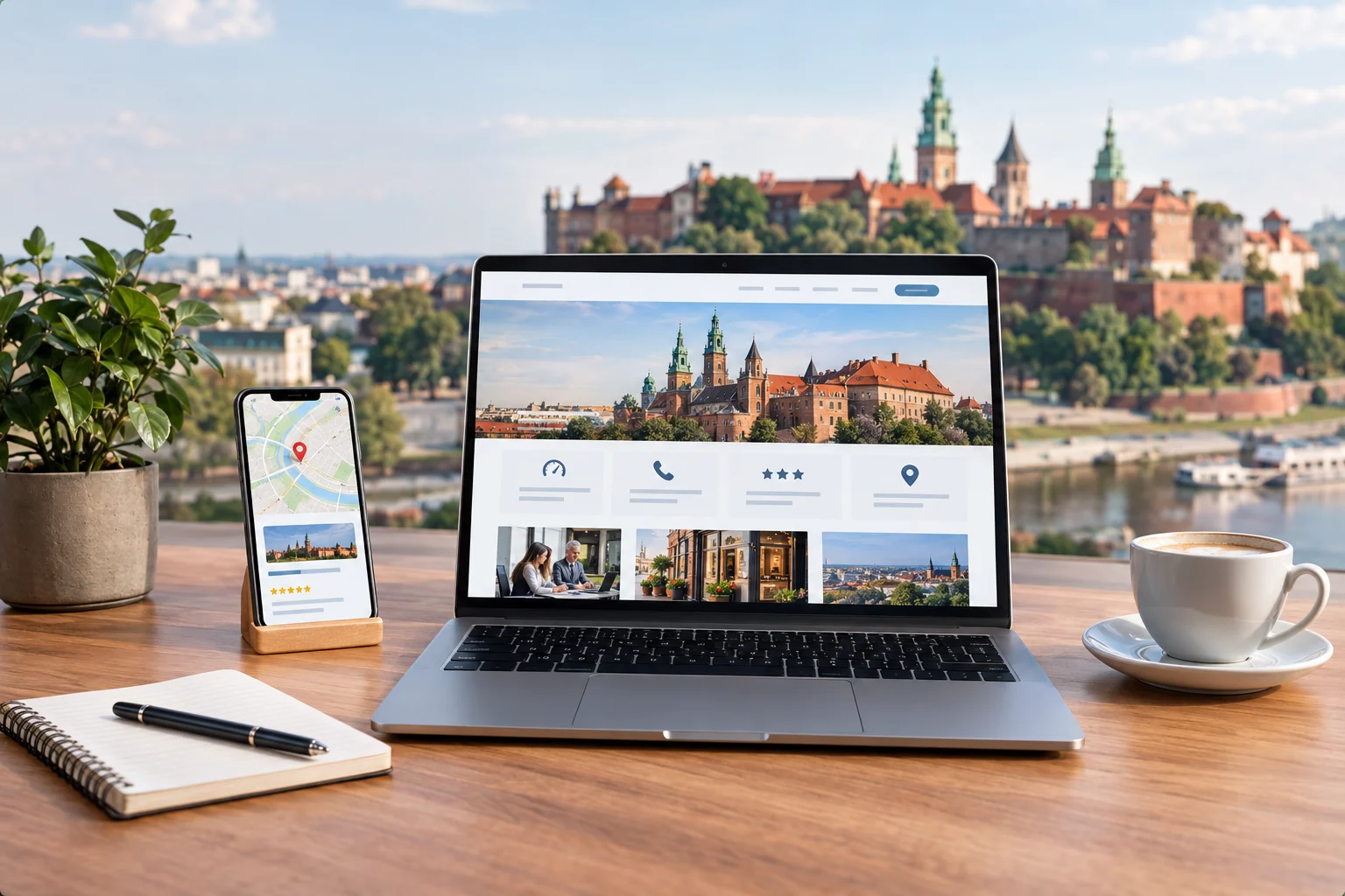 Strona internetowa małej firmy wyświetlana na laptopie i smartfonie