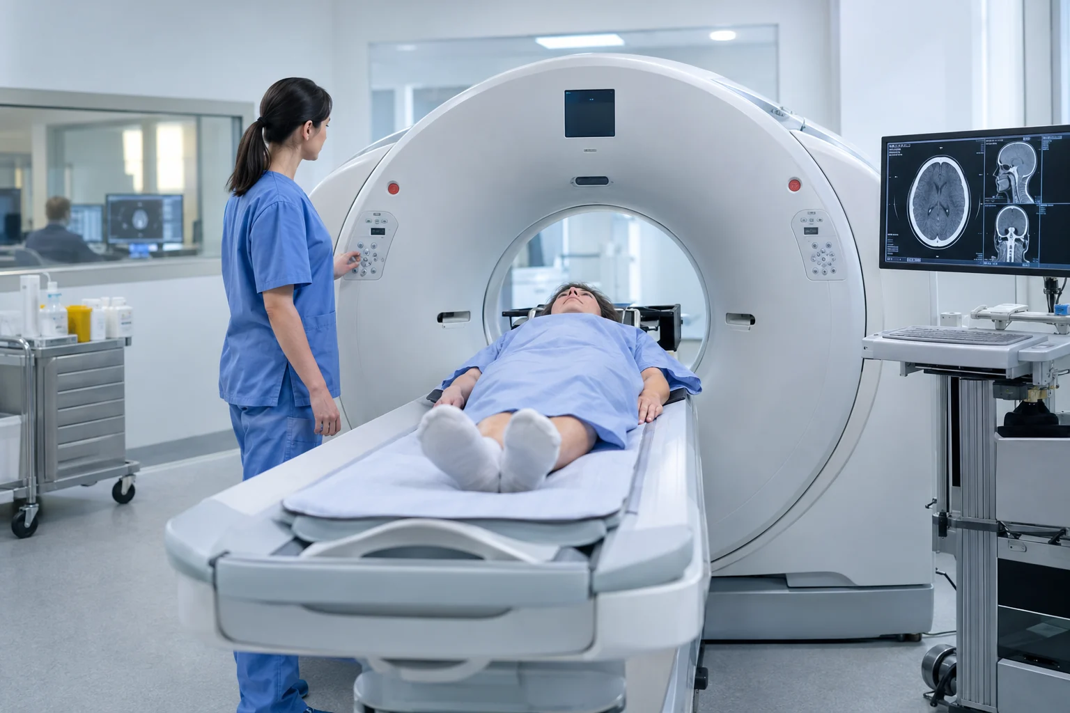 Pacjent na stole diagnostycznym przed pierścieniem tomografu komputerowego